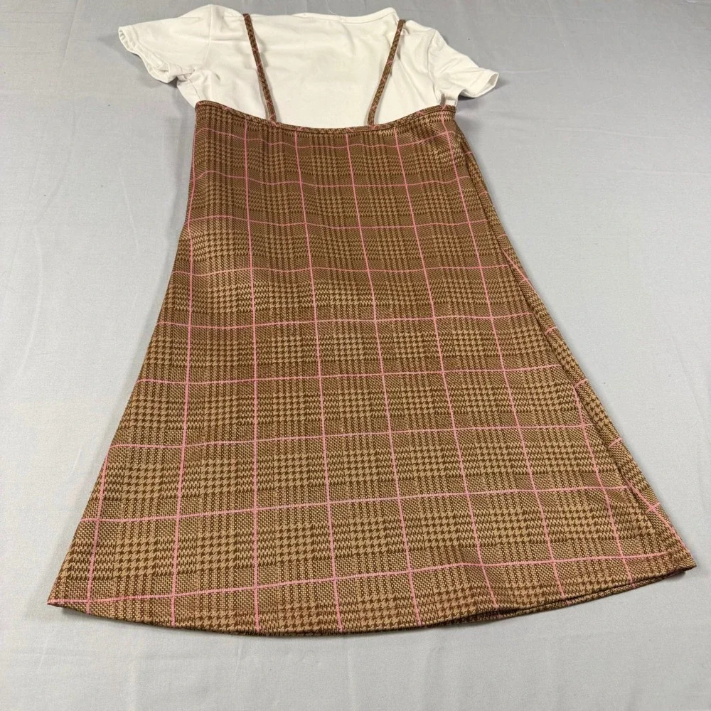 Shosho Girls Brown Pink Houndstooth Plaid Pinafore Dress White T-Shirt Set Sz 8